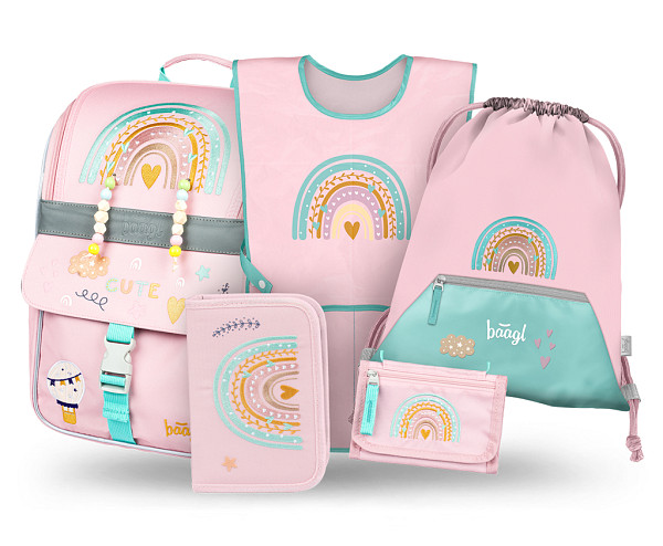 BAAGL SET 5 Zippy Duha růžový: aktovka, penál, sáček, zástěra, peněženka