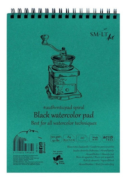 Blok na spirále #authenticpad Akvarel, A5, 20l., 300g/m2, černá