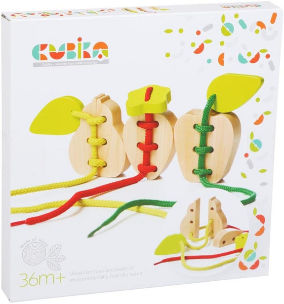 CUBIKA 14811 Provlékačka ovoce - sada 3 dřevěných šněrovacích hraček - 6 dřevěných prvků, 3 tkaničky