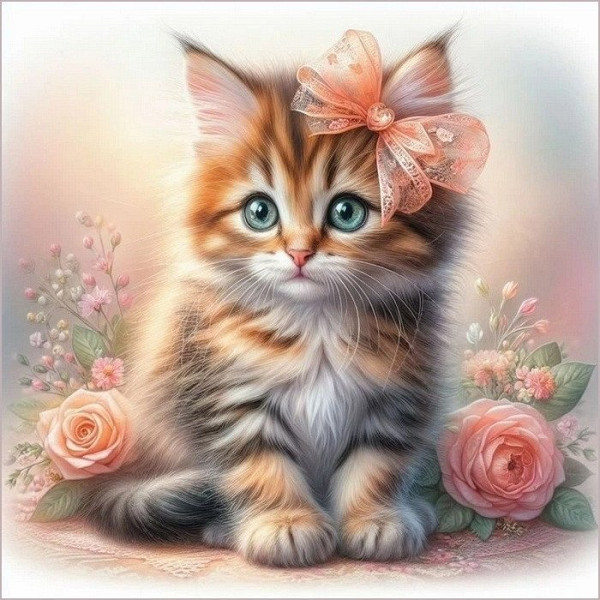 Diamantový obrázek - Kotě a růže 30x40 cm