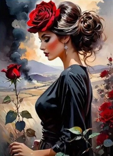 Diamantový obrázek - Profil dámy s růžemi 30x40 cm