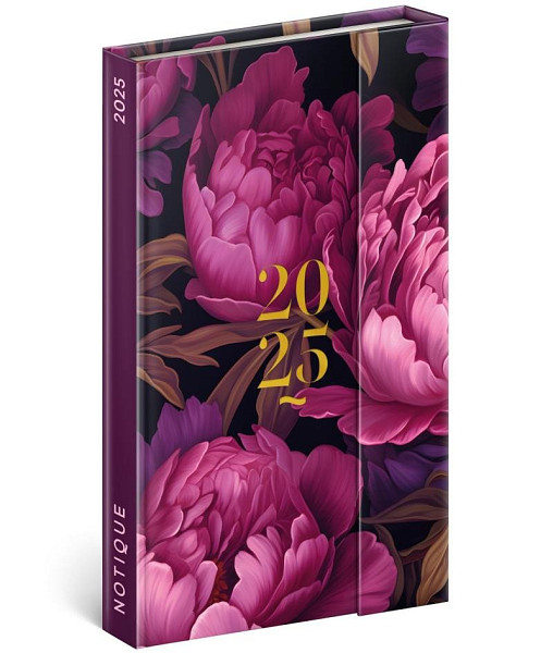 NOTIQUE Týdenní magnetický diář Fialové květy 2025, 13 x 21 cm