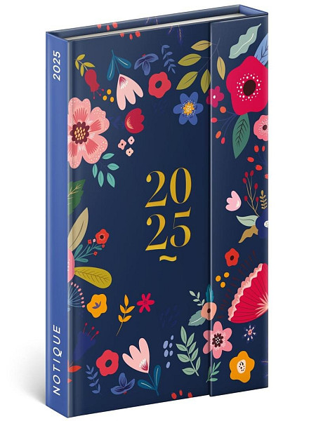 NOTIQUE Týdenní magnetický diář Modré květy 2025, 13 x 21 cm