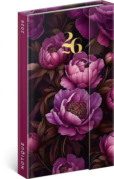 Diář 2026: Fialové květy - týdenní, magnetický, 13 x 21 cm