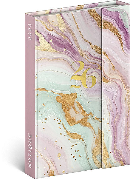 Diář 2026: růžový mramor - týdenní, magnetický, 11 x 16 cm