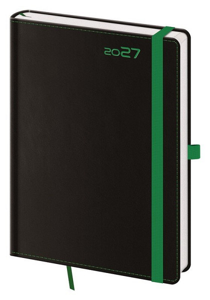 Diář 2027 denní A5 Black Green s poutkem na propisku