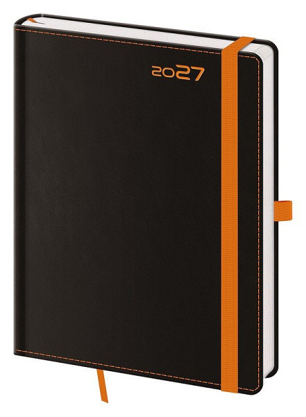 Diář 2027 týdenní B6 Black Orange s poutkem na propisku