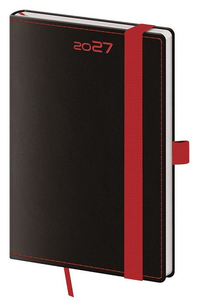 Diář 2027 týdenní kapesní Black Red s poutkem na propisku