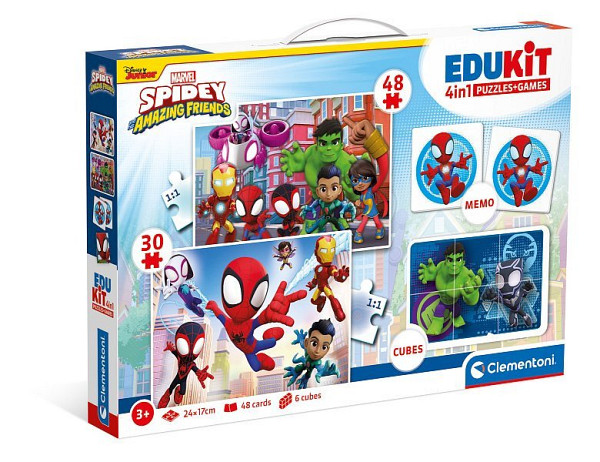 Edukit Spidey a jeho úžasní přátelé 4v1 (pexeso, 48 + 30 puzzle, 6 kostek)