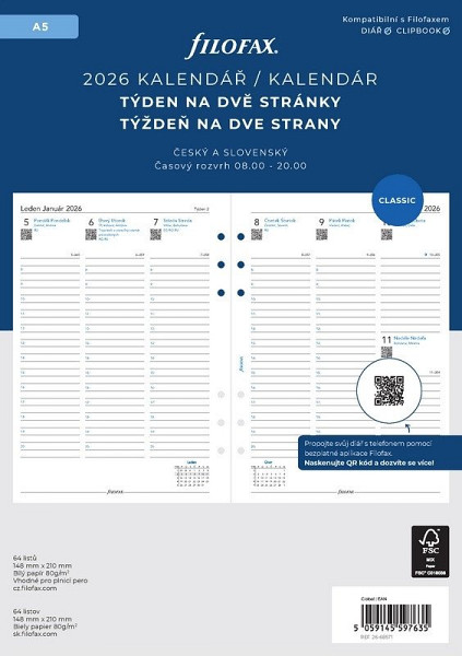 FILOFAX kalendář 2026 A5, týden/2 str, linky, ČJ+SJ
