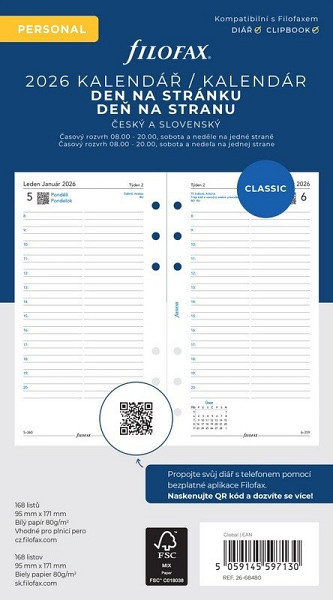 FILOFAX kalendář 2026 osobní, den/1 str, linky, ČJ+SJ