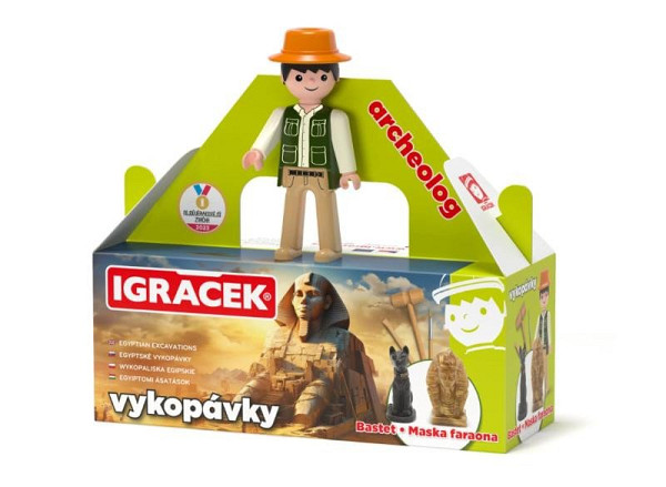 Igráček Archeolog - figurka s egyptskými vykopávkami masky faraona a sošky bohyně Bastet