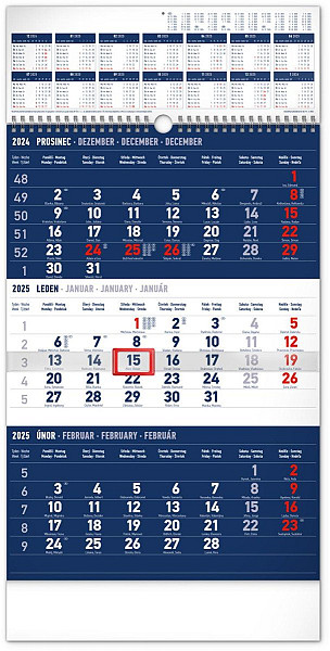 NOTIQUE Nástěnný kalendář 3měsíční standard modrý – s ročním přehledem 2025, 29,5 x 43 cm