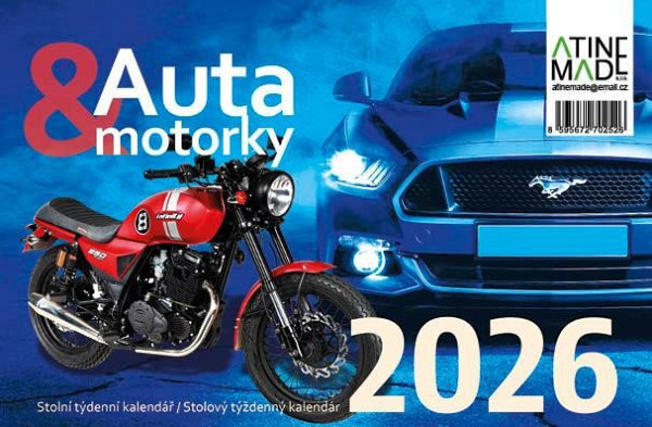 Kalendář 2026 Auta a motorky, stolní, týdenní, 15 x 22,5 cm