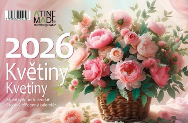 Kalendář 2026 Květiny, stolní, týdenní, 15 x 22,5 cm