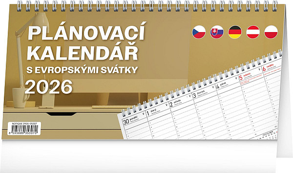 Kalendář 2026 stolní: Plánovací s evropskými svátky, 25 x 12,5 cm
