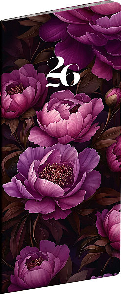 NOTIQUE Kapesní diář Fialové květy 2026, plánovací měsíční, 8 x 18 cm