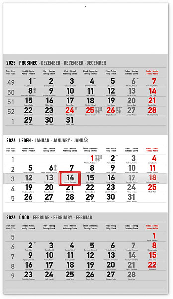 Kalendář 2026 nástěnný: 3měsíční standard šedý - s českými jmény, 29,5 x 43 cm