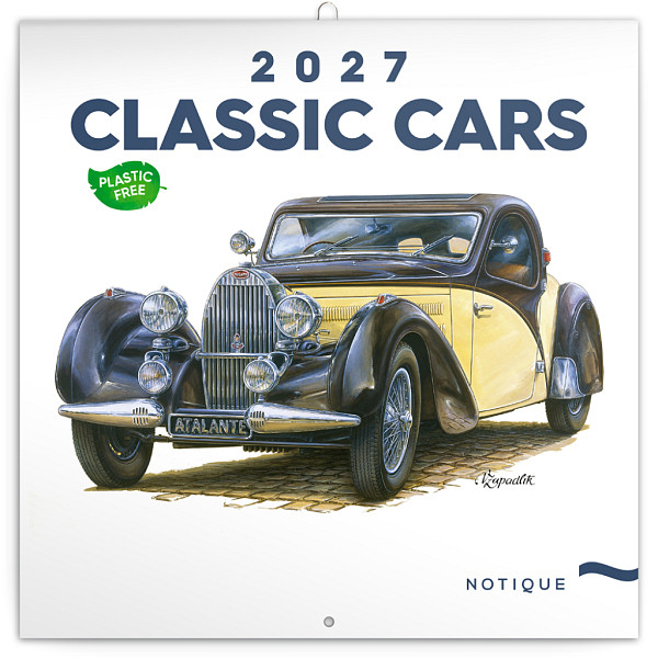 NOTIQUE Poznámkový kalendář Classic Cars – Václav Zapadlík 2027, PLASTIC FREE, 30 x 30 cm