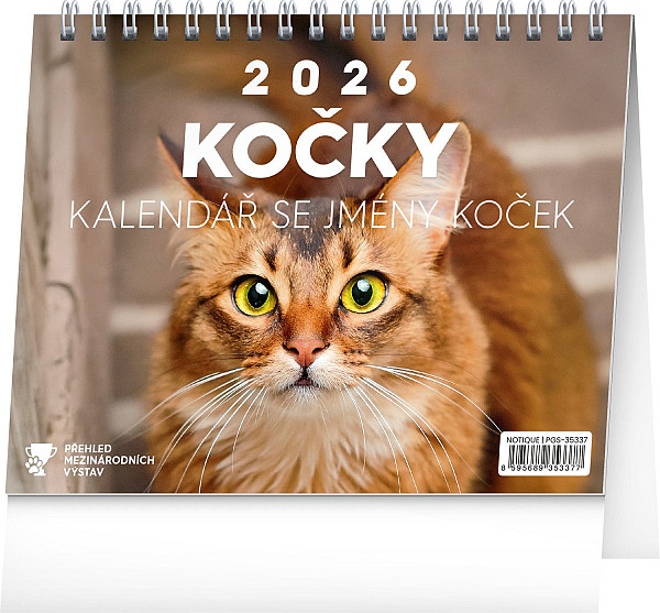 Kalendář 2026 stolní: Kočky - se jmény koček, 16,5 x 13 cm