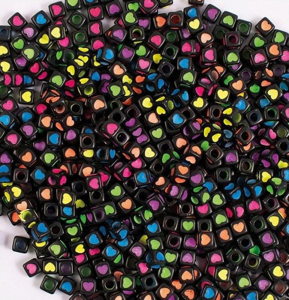 Plastové korálky srdíčka neonová a černá 300 ks