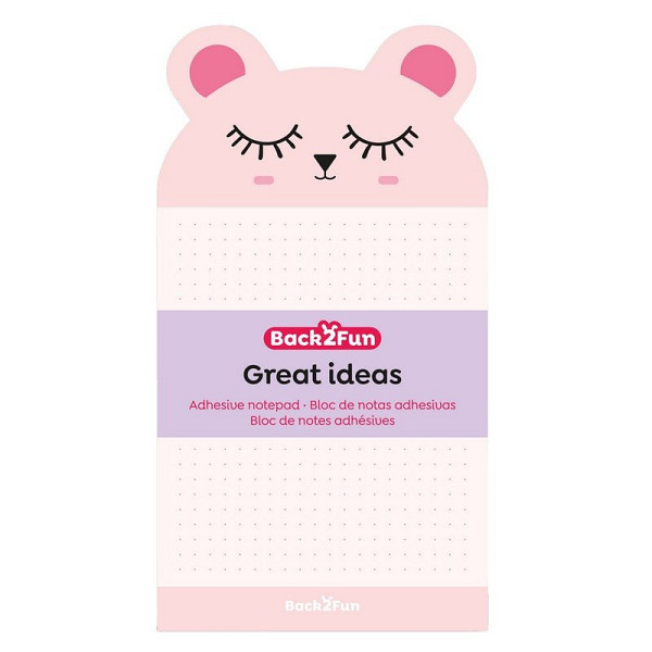 Samolepicí bloček - Medvěd, 60 listů, 90 g, tečky, růžový