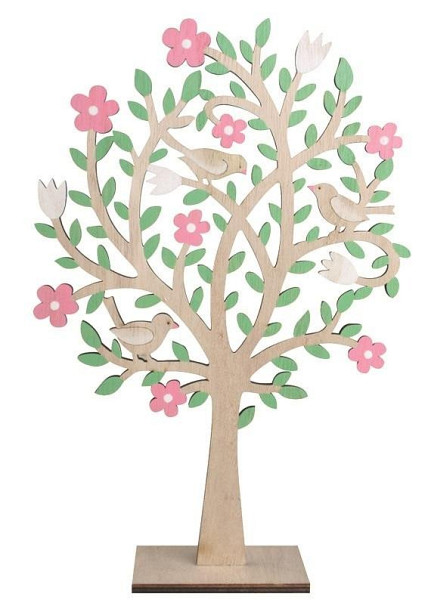 Strom dřevěný s růžovými květy na postavení 30 cm