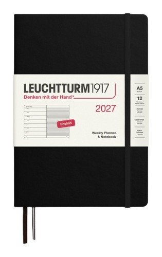 Týdenní plánovač & Zápisník Black, Medium A5 2027, anglicky