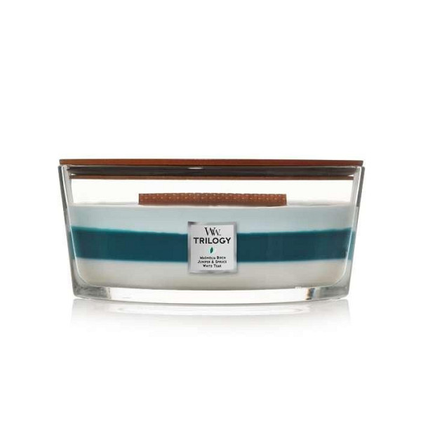 WoodWick Icy Woodland svíčka loď Trilogy 453,6g
