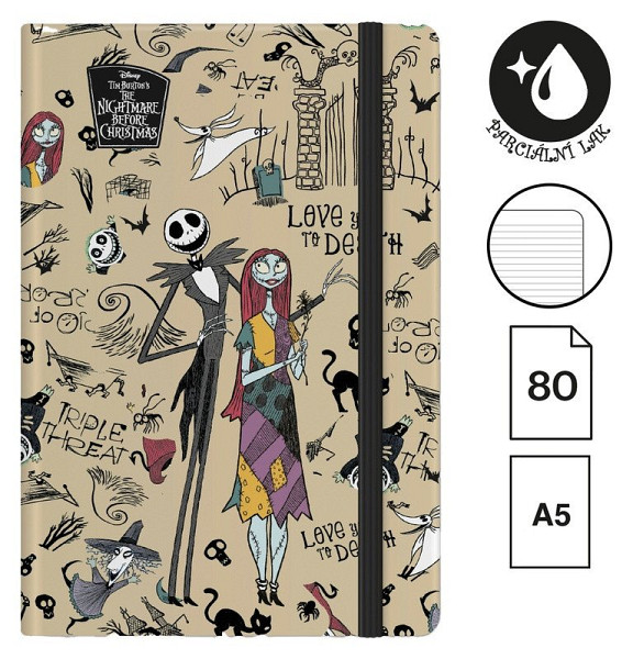 Zápisník s gumičkou Tim Burton 1, A5, 80 g, 80 listů, linkovaný, šedý